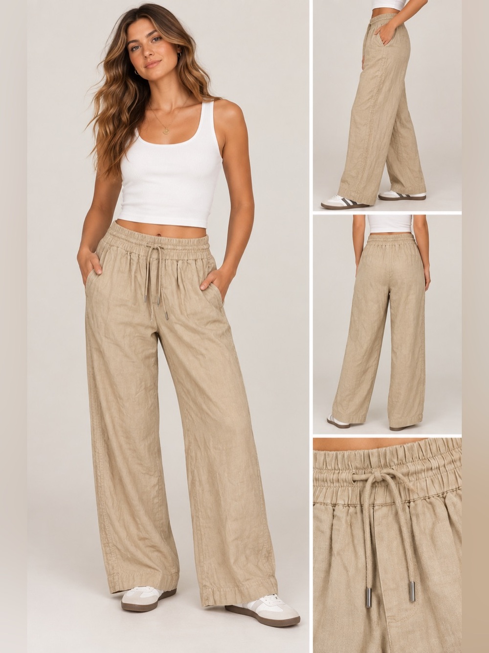 Quince 100% Linen Wide Leg Drawstring Pants Beige/Tan Size Medium